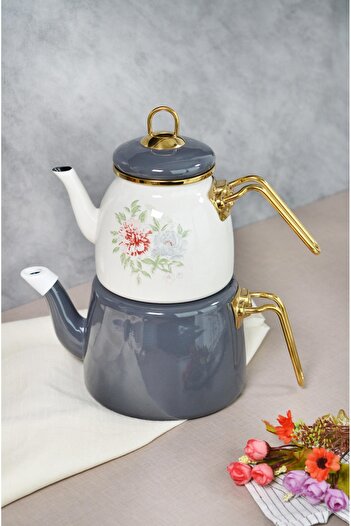 Bayev Clodia Gray Floral Patterned Retro Teapot - Enamel 201340