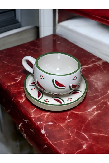 MOSHOME Watermelon Patterned Handmade Ceramic Mug with Plate, Tea and Coffee Cup