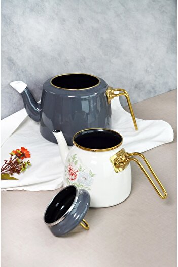 Bayev Clodia Gray Floral Patterned Retro Teapot - Enamel 201340