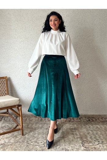 KÜÇÜĞÜM BUTİK Green Velvet Flared Skirt