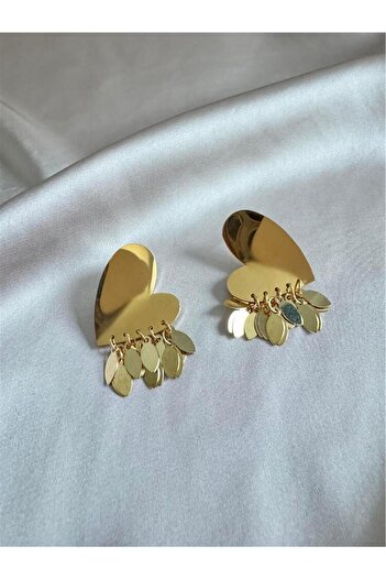 Pelin Aksesuar Gold Pullu Kalp Çelik Küpe