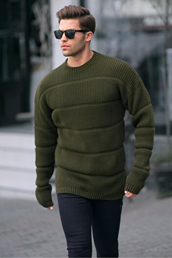 Madmext Khaki Crew Neck Knitted Sweater 6855