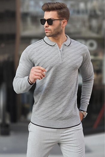Madmext Gray Zippered Men's Knitwear Sweater 6824