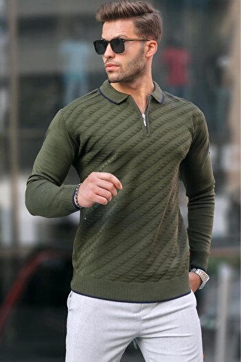 Madmext Khaki Zippered Men's Knitwear Sweater 6824
