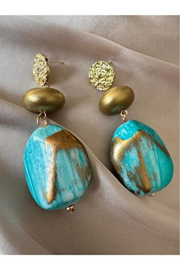 Pelin Aksesuar Turquoise Gold Beaded Design Earrings