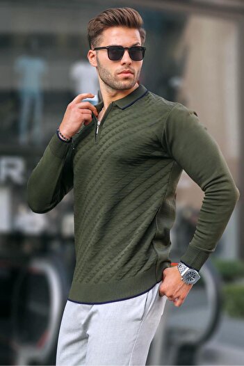 Madmext Khaki Zippered Men's Knitwear Sweater 6824