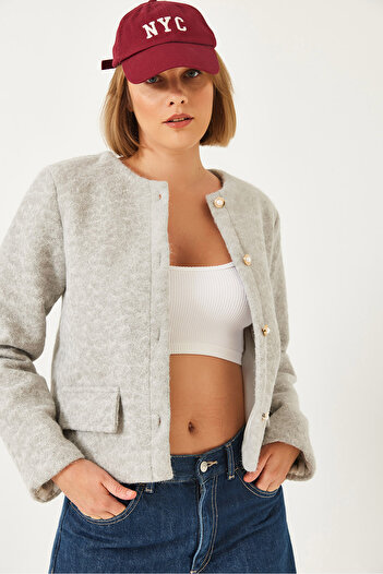 Bianco Lucci Women's Button Detailed Gray Stamp Short Jacket 8406 60261329