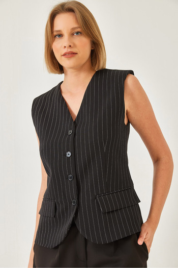Bianco Lucci Women's Buttoned Striped V-Neck Vest 60342 60271014