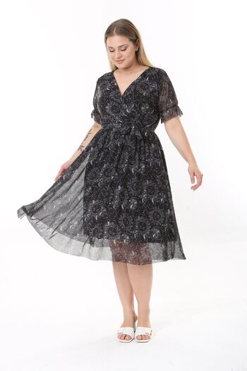 modayız Double Breasted Collar Large Size Patterned Short Sleeve Dress 27C-2533