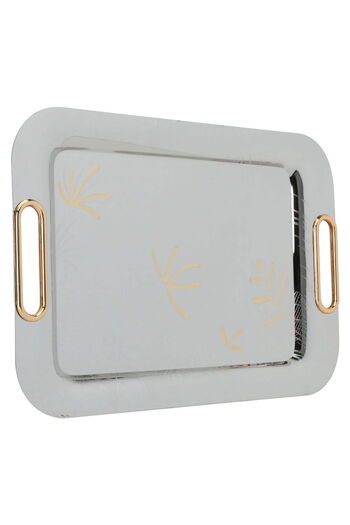 Alsaif Gallery Serving Tray Steel with Golden Handle, Al Seif Gallery, 45×30×2 cm, Rectangular, Engraved - Silver