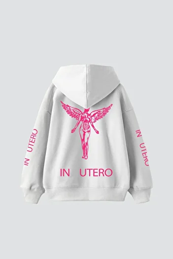 Sekizbiraltı Nirvana In Utero Pink Printed Oversize Unisex Λευκό Hoodie