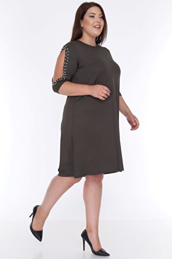 modayız Φόρεμα με μανίκια με πέρλες Χακί Plus Size 9E-0612