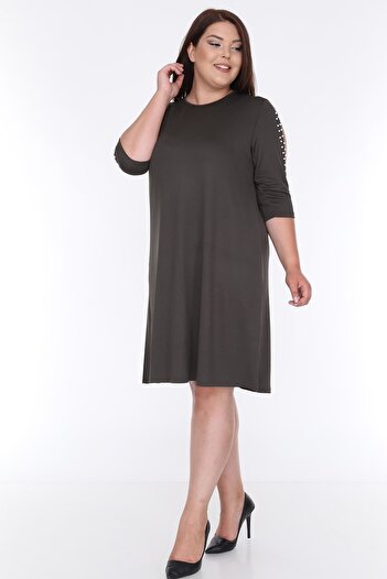 modayız Φόρεμα με μανίκια με πέρλες Χακί Plus Size 9E-0612