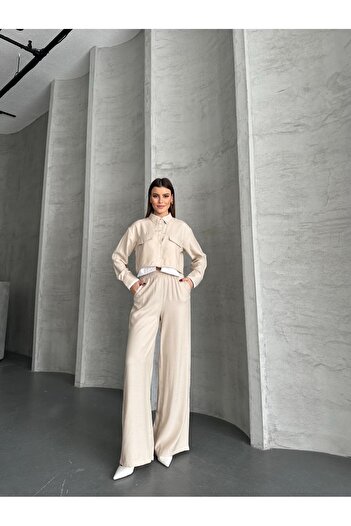 VOLT CLOTHİNG Women's Pocket Detailed Wide Leg Crop Shirt Set