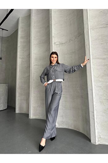 VOLT CLOTHİNG Women's Pocket Detailed Wide Leg Crop Shirt Set