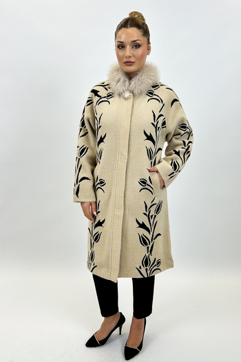 Ayda Triko Fur Collar Patterned Knitwear Coat
