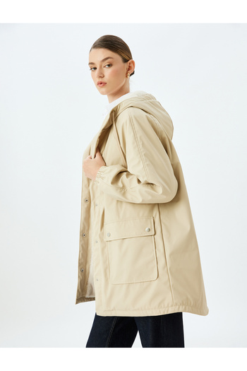 Koton Plush Lined Oversize Faux Leather Parka with Pockets and Hood