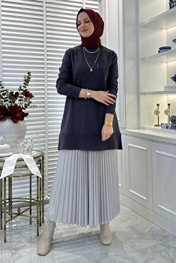 Rabia Şamlı Anthracite Gonca Stone Detailed Knitwear Tunic