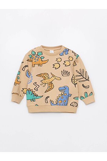 LC Waikiki Lcw Baby Bej Bisiklet Yaka Uzun Kollu Baskılı Erkek Bebek Sweatshirt Ve Eşofman Altı 2'li Takım