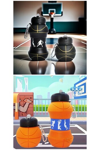 ANI OFİS KIRTASİYE A K Silicone Water Bottle with Basketball Design - Foldable, Leak Proof, and Portable