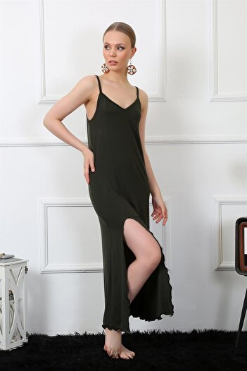 Akbeniz Women's Rope Strap Khaki Long Nightgown 901