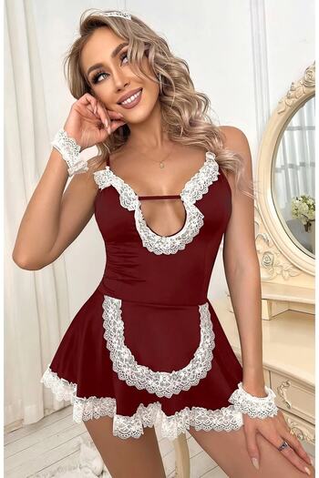 SiaLess Lingerie Women's Burgundy Mini Skirt Suit Lace Costume Fancy Costume