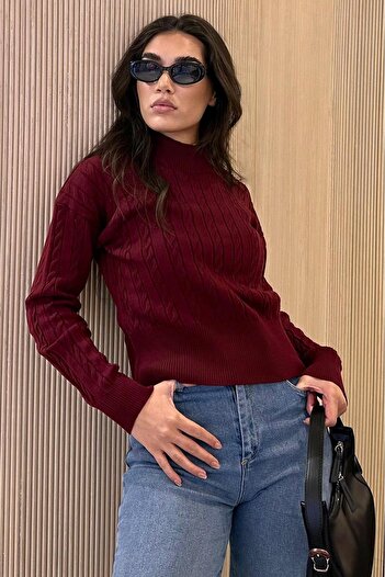 Madmext Burgundy Half Turtleneck Braided Knitwear Women's Sweater Mg2257