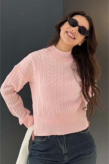 Madmext Pembe Yarım Balıkçı Yaka Örgülü Triko Kadın Kazak MG2257