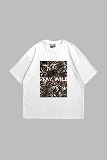 Bak Moda Πρόχειρο Εκτύπωση Stay Wild Leopard Printed 24/1 Oversize Unisex Λευκό Tshirt