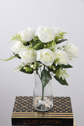 Yapay Çiçek Deposu Buchet de 9 trandafiri cu garnitura de flori artificiale 42 cm alb