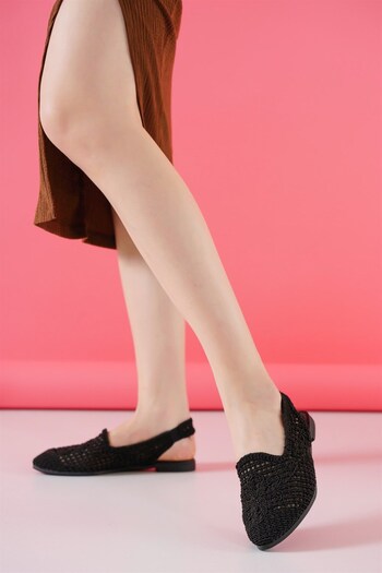 Aymood Women's Black Lace Detailed Open Back Comfortable Knitted Embroidered Straw Ballerinas