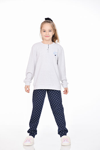 M MOONCOVER Mooncover Girls' Interlock Seasonal Pajama Set – Gray/Navy Blue