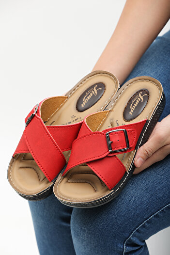 ALTUNTAŞ Polyurethane Orthopedic Sole Seasonal Home and Outdoor Slippers - Red