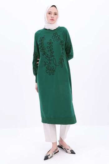 ALLDAY Emerald-Cotton Half Turtleneck Embroidered Long Tunic