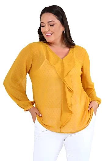 Hanezza Large Size Women's Silky Blouse - Shipped with Ruffle Detail Mustard