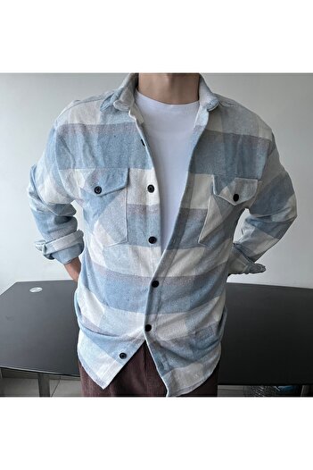 COOL TARZ Erkek Mavi-Beyaz Slim Fit Gömlek Yaka Düğmeli Çift Cep Kapaklı Oduncu Ekose Gömlek