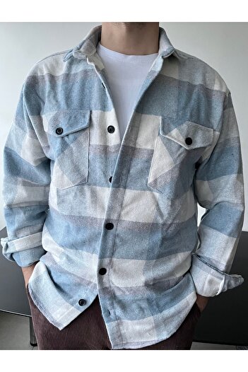 COOL TARZ Erkek Mavi-Beyaz Slim Fit Gömlek Yaka Düğmeli Çift Cep Kapaklı Oduncu Ekose Gömlek