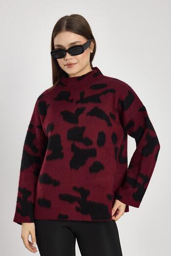 Rays 24371 Pulover leopard cu guler ridicat Roșu Claret-Negru