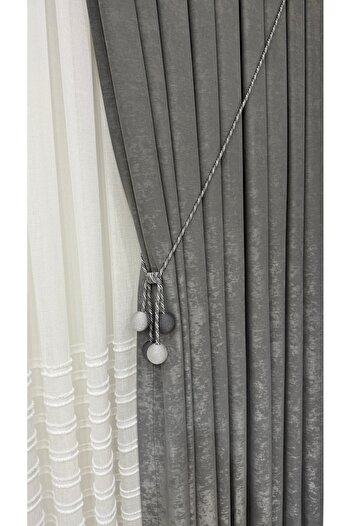 Fon Dünyası Velvet Textured Luxury Background Curtain Gray Tight Pleat (Single Wing)