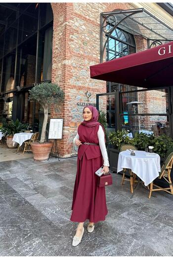 Miraydın Butik Burgundy Women's Belted Vest and Skirt Set - Hijab
