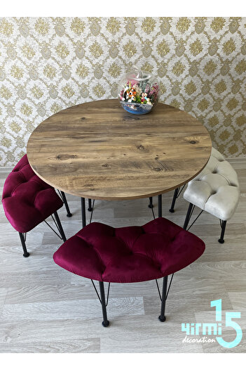Yirmi15 Atlantik Çam Yuvarlak Masalı Bench Takımı Bench & Puf takımı Ahşap Masa Krem-Bordo Bench