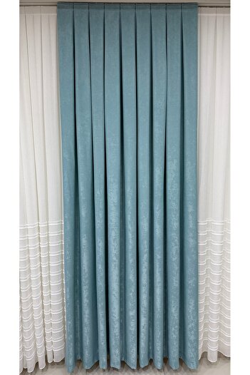 Fon Dünyası Luxury Velvet Textured - Background Curtain Light Turquoise Pleat (Single Wing)