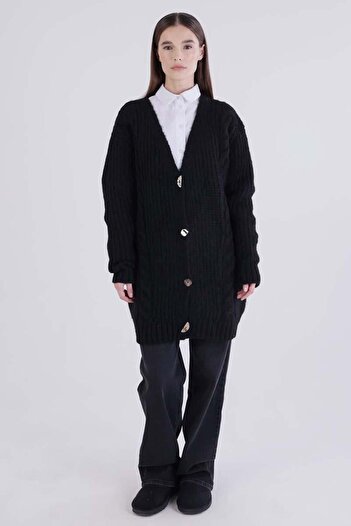 ALLDAY Black-V-Neck Buttoned Knitwear Cardigan
