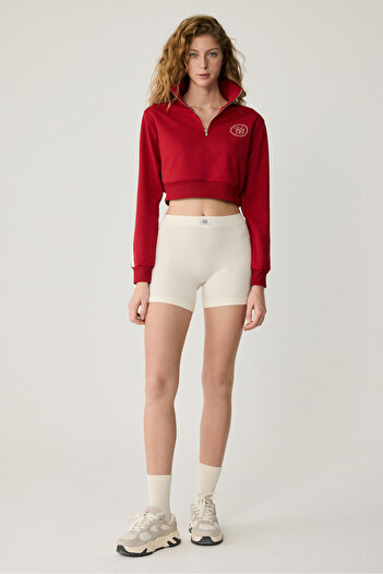 Urban Beat Helena Women's Stand Collar Zip-Up Small Print Motif Crop Red Sweatshirt