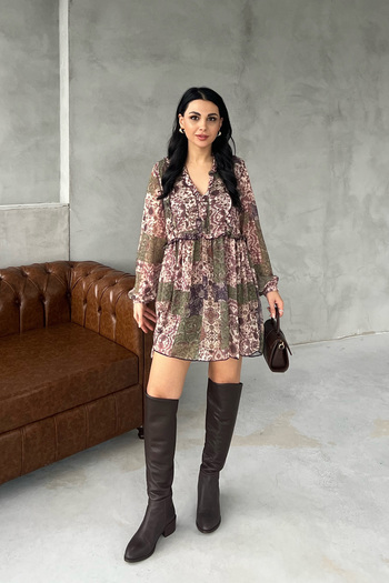 Seda Yalçın Atelier Φόρεμα σιφόν με χακί λουλούδια