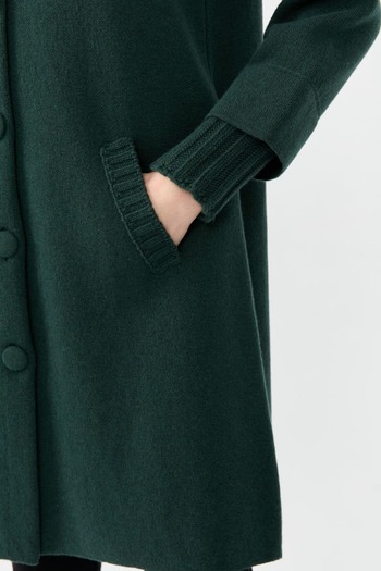 Desen Triko Green Basic Long Wool Cardigan - Women'S, Stand Collar