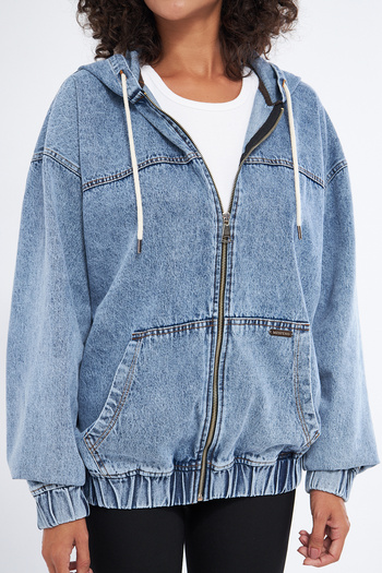 Mesfeno Hanorac pentru femei din țesătură denim cu glugă cu fermoar, supradimensionat 100% bumbac, buzunar cangur