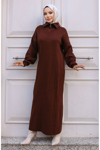 sefamerve Ribbed Knitwear Dress with Zipper Collar 11032-02 Brown