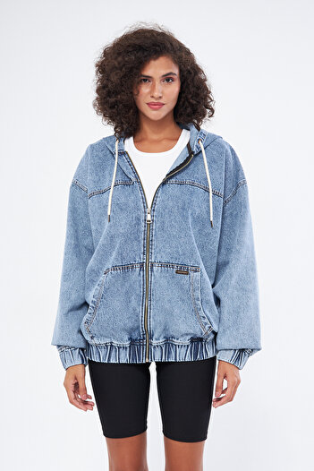 Mesfeno Hanorac pentru femei din țesătură denim cu glugă cu fermoar, supradimensionat 100% bumbac, buzunar cangur