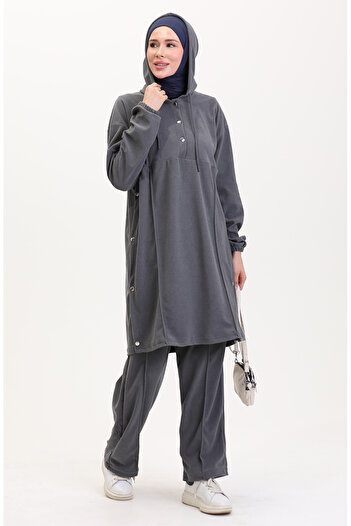 sefamerve Gray Hooded Tunic and Trousers Set - 0567-06